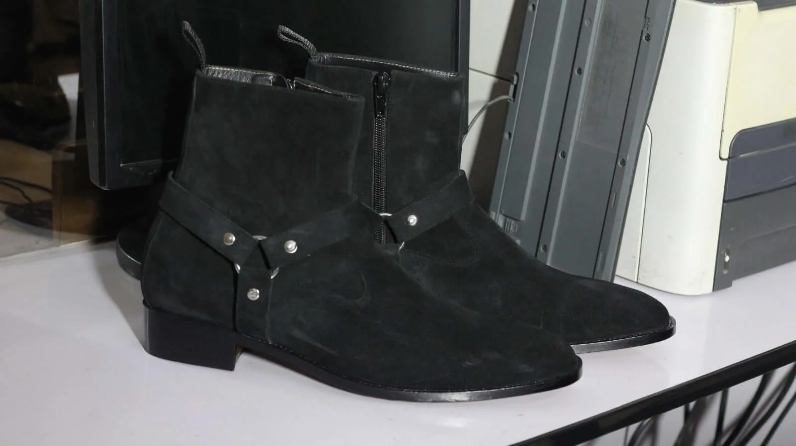 Ankle High Black Suede Madrid Strap Boot, Hand Painted Side Zipper Fashion Boot