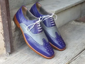 Bespoke Blue & Gray Leather Wing Tip Lace Up Shoe for Men