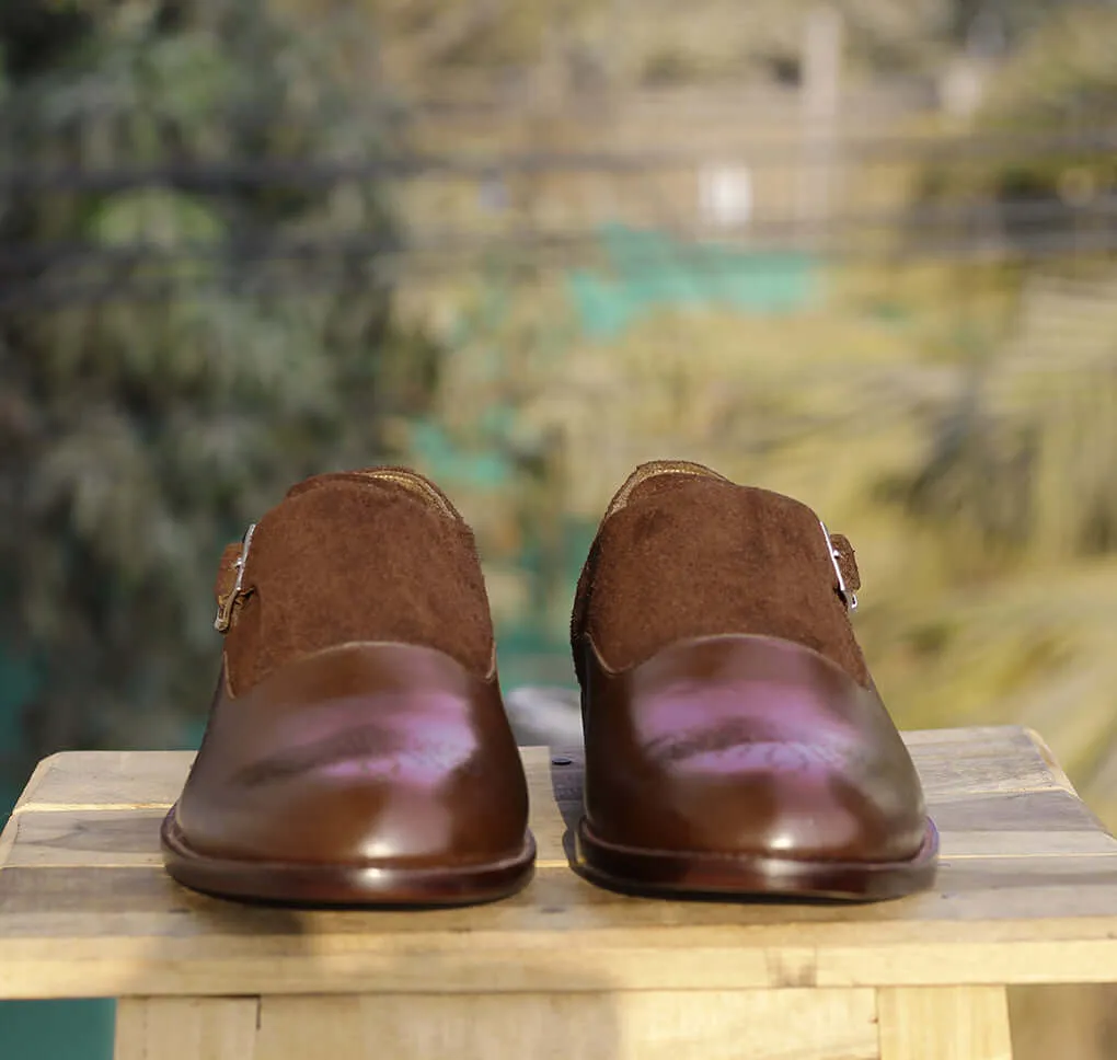 Bespoke Brown Suede Leather Monk Strap Shoe for Men