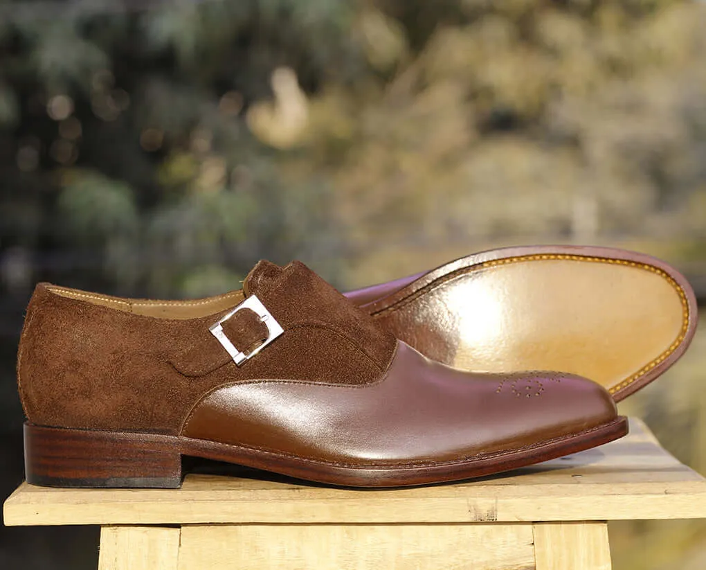 Bespoke Brown Suede Leather Monk Strap Shoe for Men