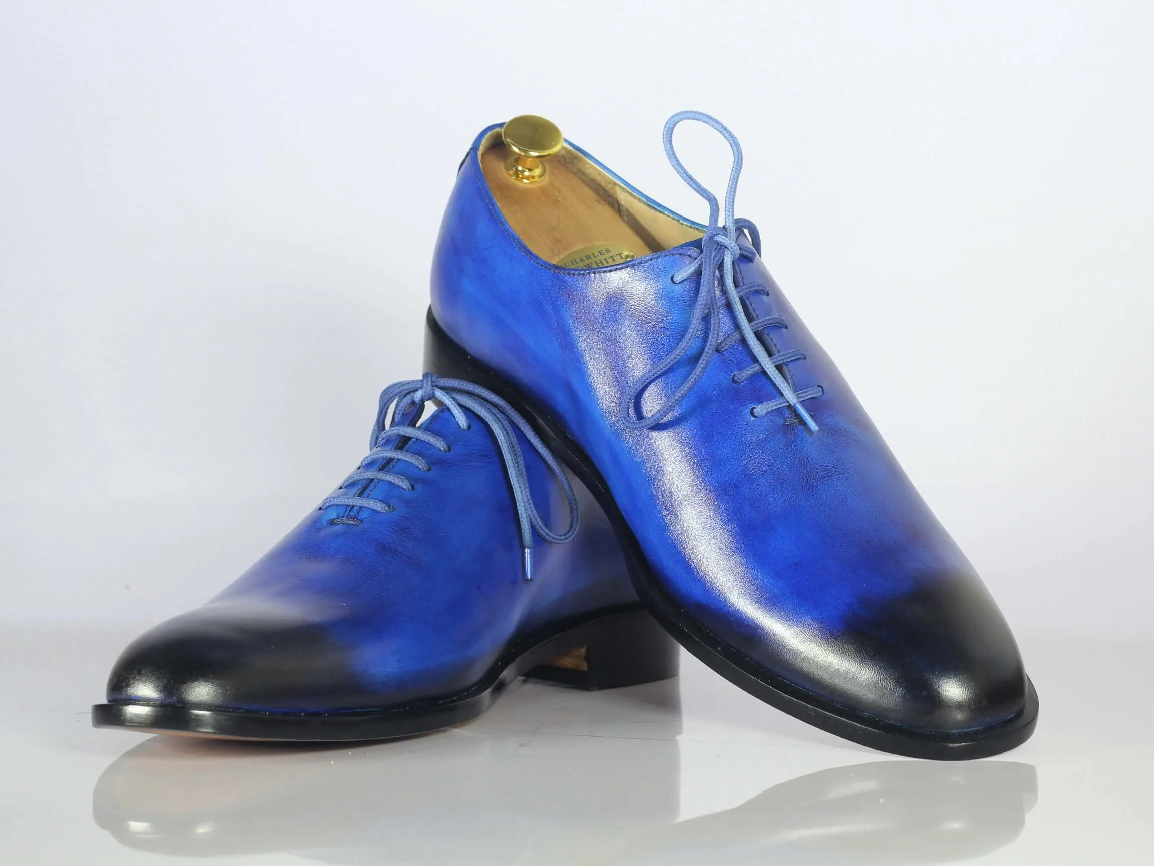 Bespoke Sky Blue and Black Leather Lace Up Shoe for Men's