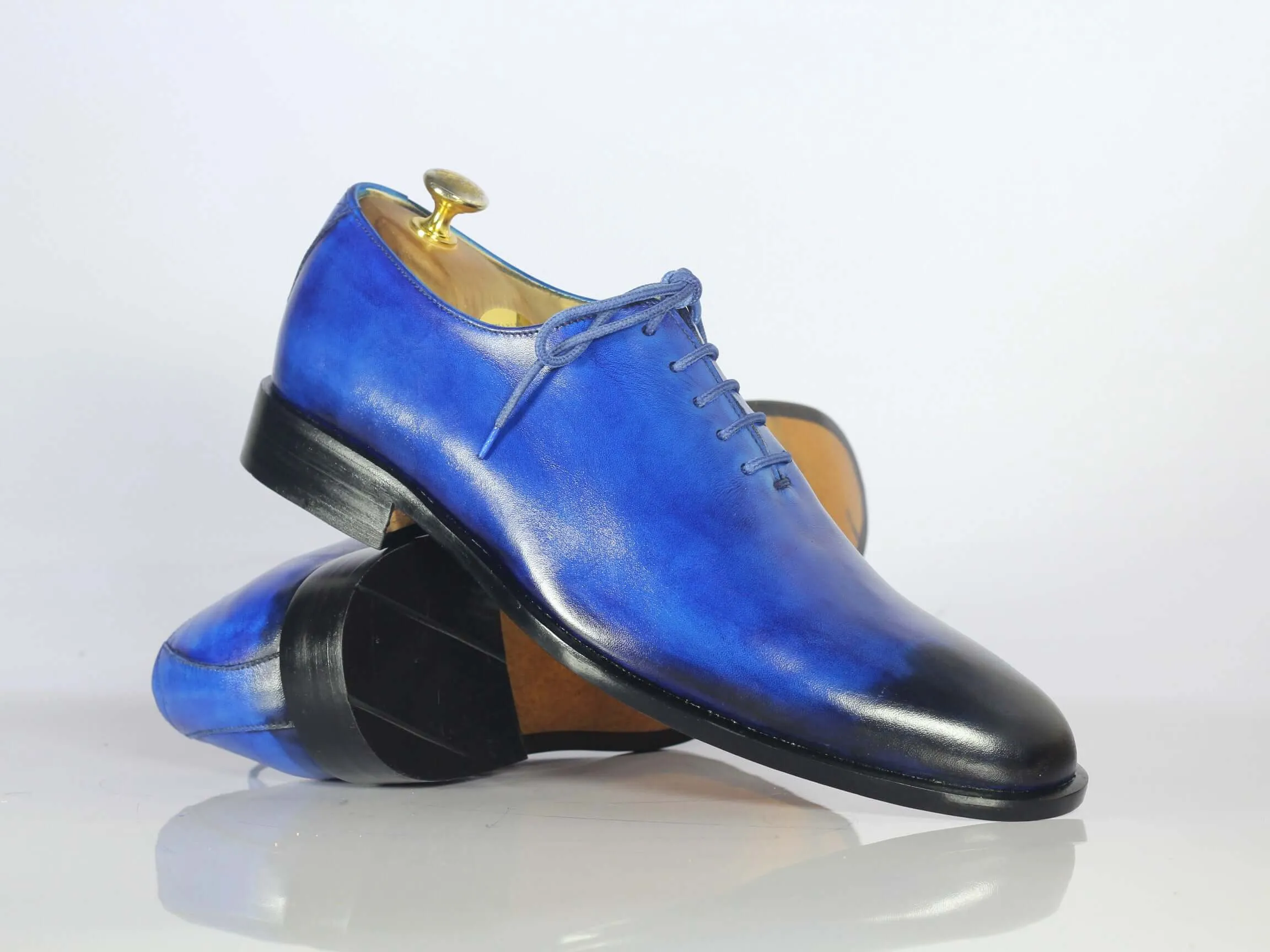Bespoke Sky Blue and Black Leather Lace Up Shoe for Men's
