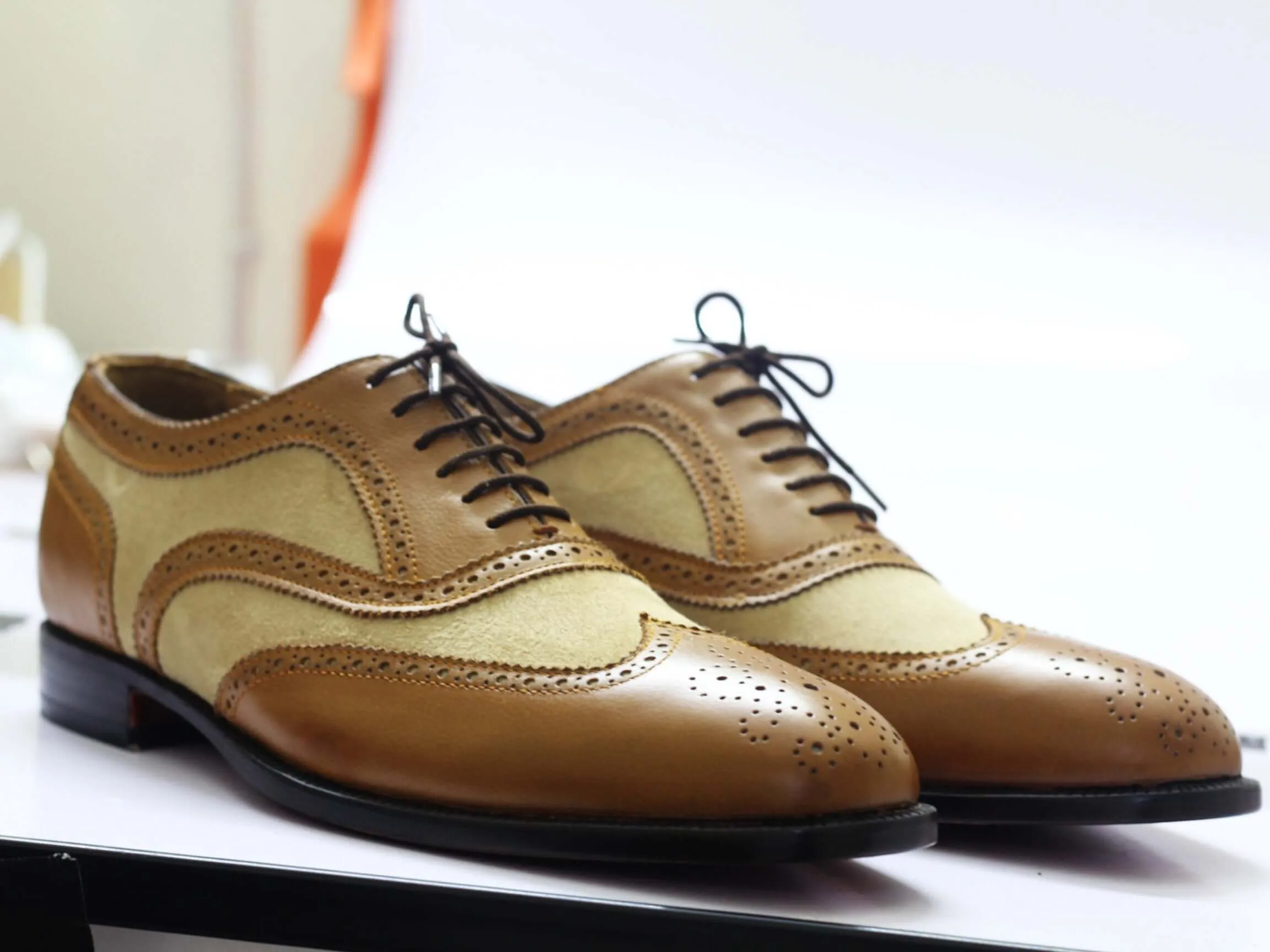 Bespoke Tan & Beige Leather Suede Wing Tip Shoes For Men's