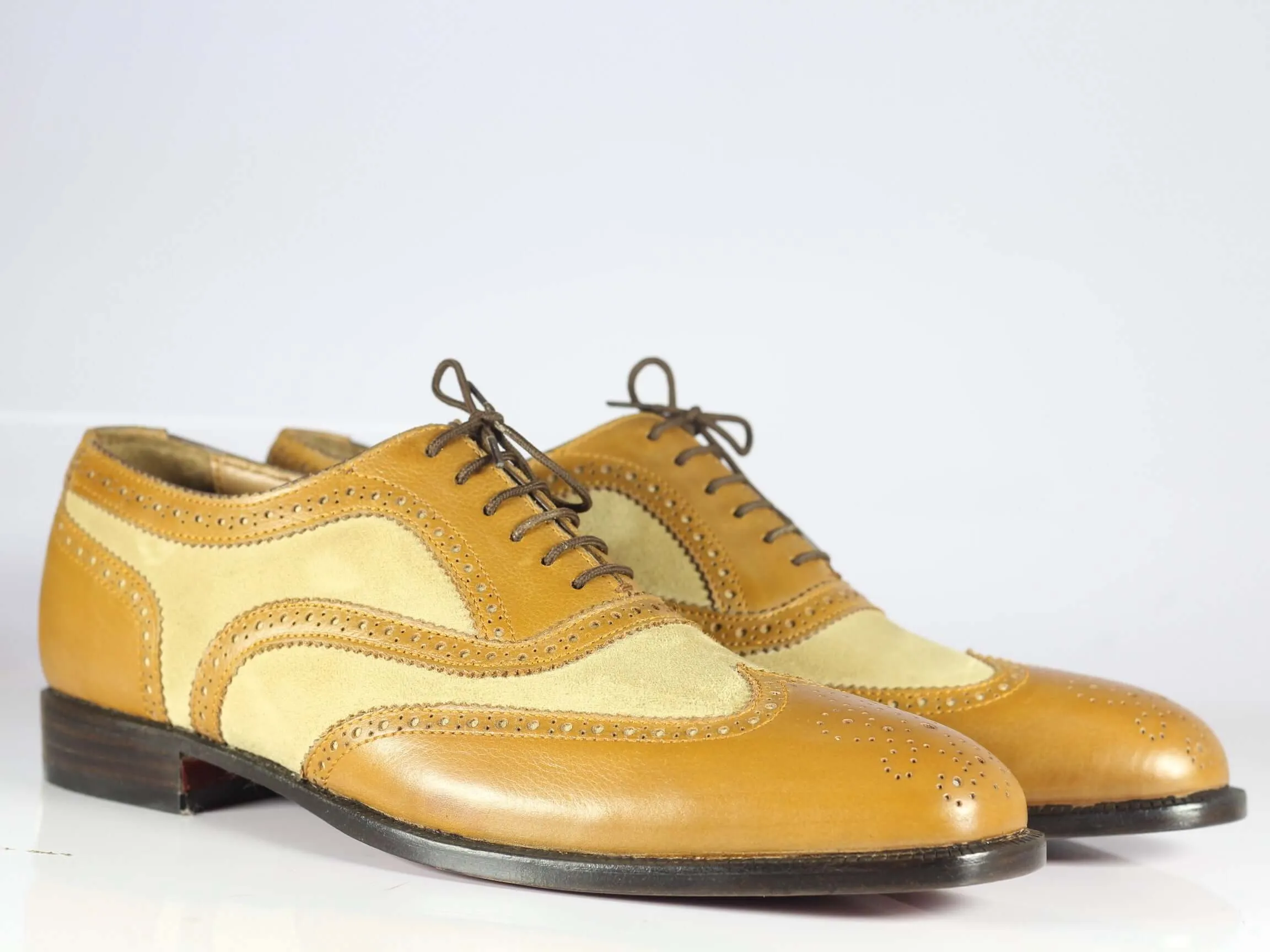 Bespoke Tan & Beige Leather Suede Wing Tip Shoes For Men's