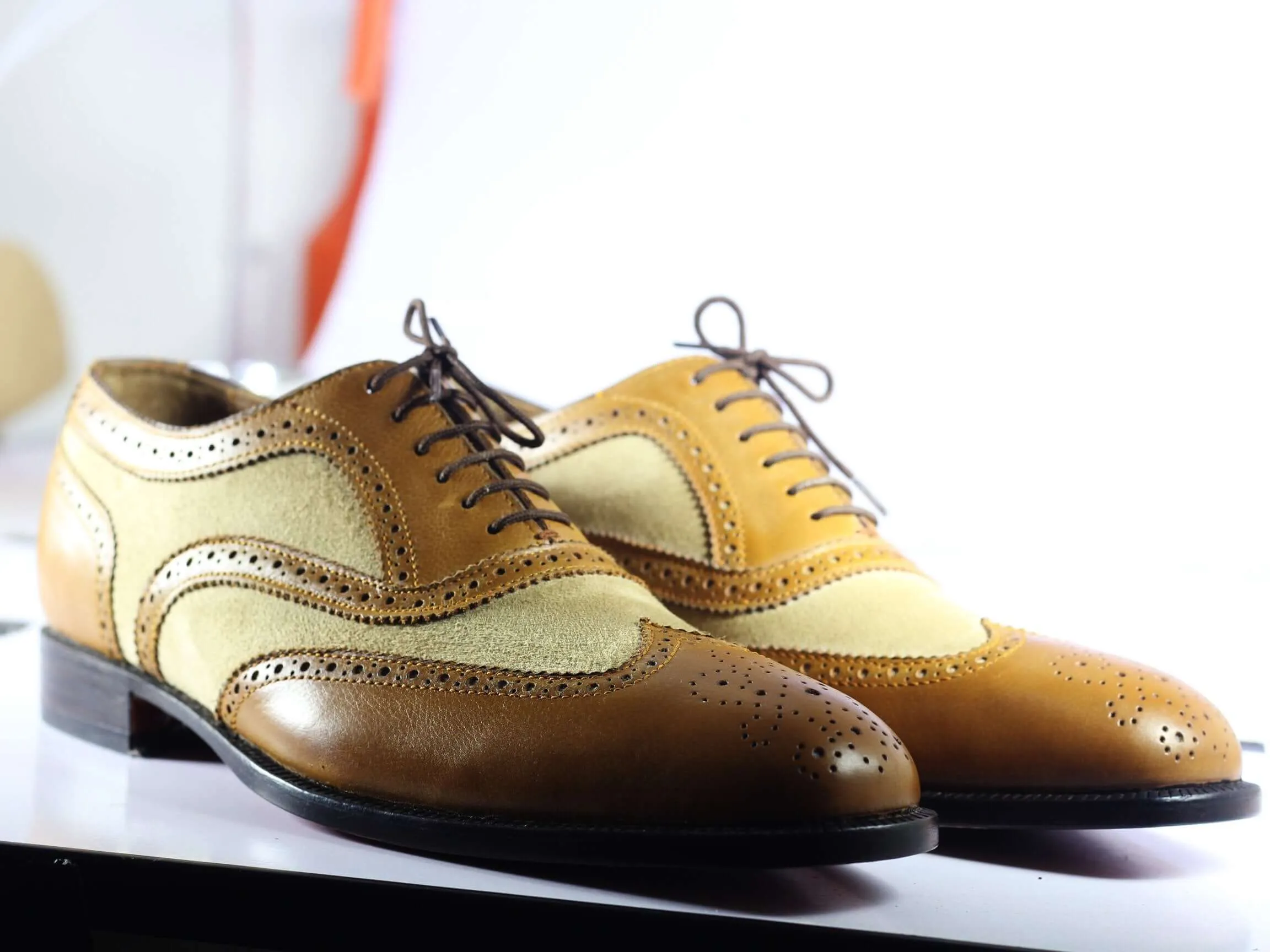 Bespoke Tan & Beige Leather Suede Wing Tip Shoes For Men's