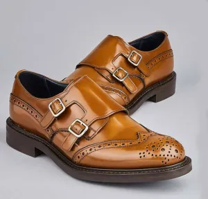 Bespoke Tan Leather Monk Strap Wing Tip Shoe For Men's