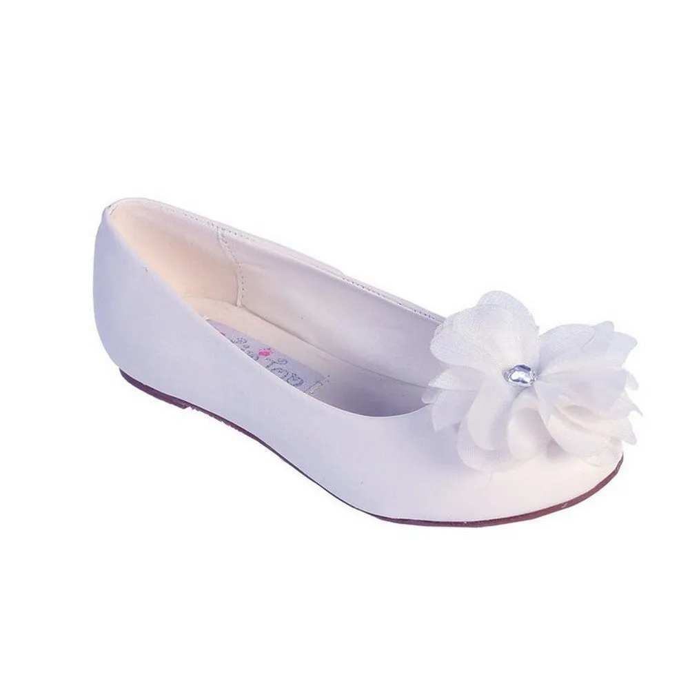 Girls White Chiffon Rhinestone Flower Flats in Sizes 1-4 Kids
