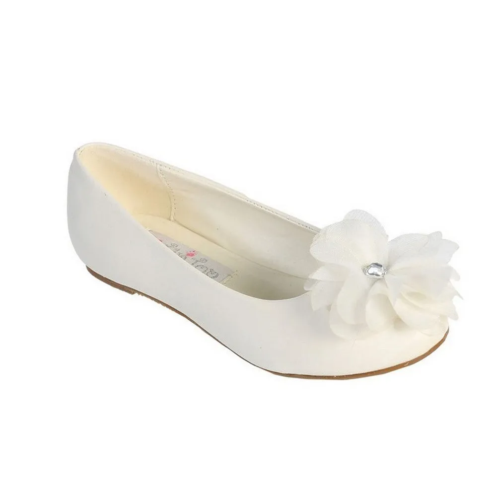 Girls White Chiffon Rhinestone Flower Flats in Sizes 1-4 Kids