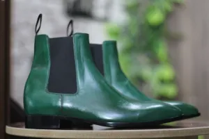 Handmade Ankle High Green Chelsea Leather Boot, Men's Fashion Leather Boot