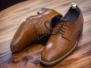 Handmade Brown Ostrich Leather Lace Up Shoes, Dress Shoes, Men's Business Shoes Handmade Brown Ostrich Leather Lace Up Shoes, Dress Shoes, Men's Business Shoes