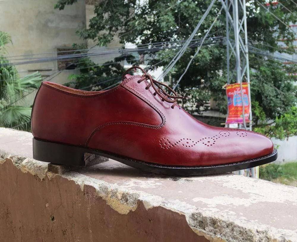 Handmade Burgundy Brogue Men's Leather Shoe
