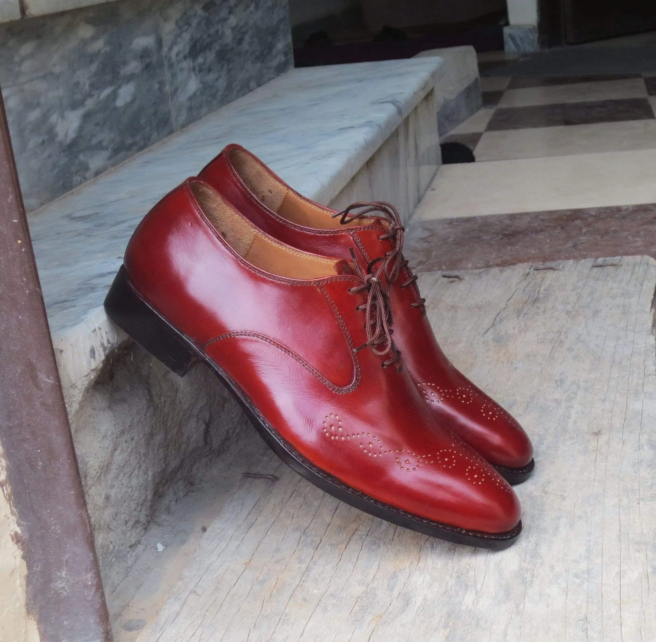 Handmade Burgundy Brogue Men's Leather Shoe