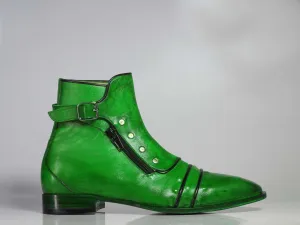 Handmade Green Leather Zip Buckle Up Boots For Men's