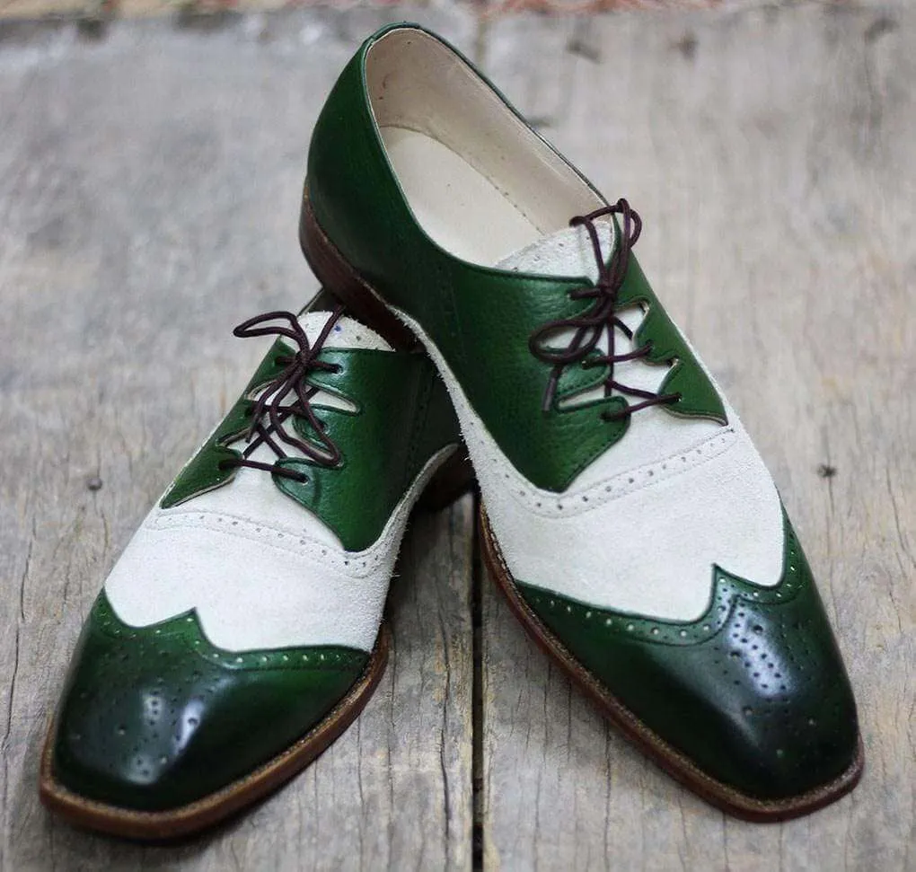 Handmade Green Wing tip Leather Shoe For Men's