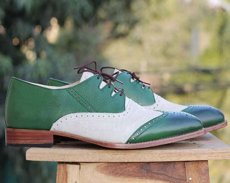 Handmade Green Wing tip Leather Shoe For Men's