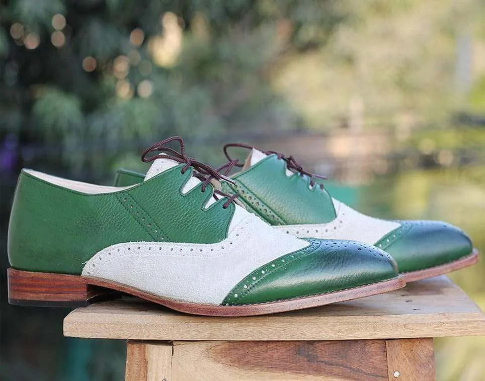 Handmade Green Wing tip Leather Shoe For Men's