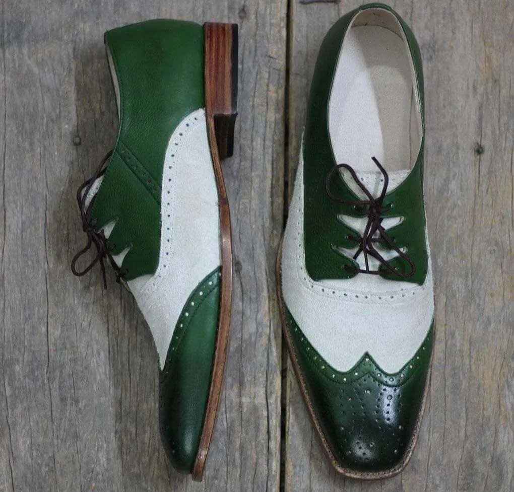 Handmade Green Wing tip Leather Shoe For Men's