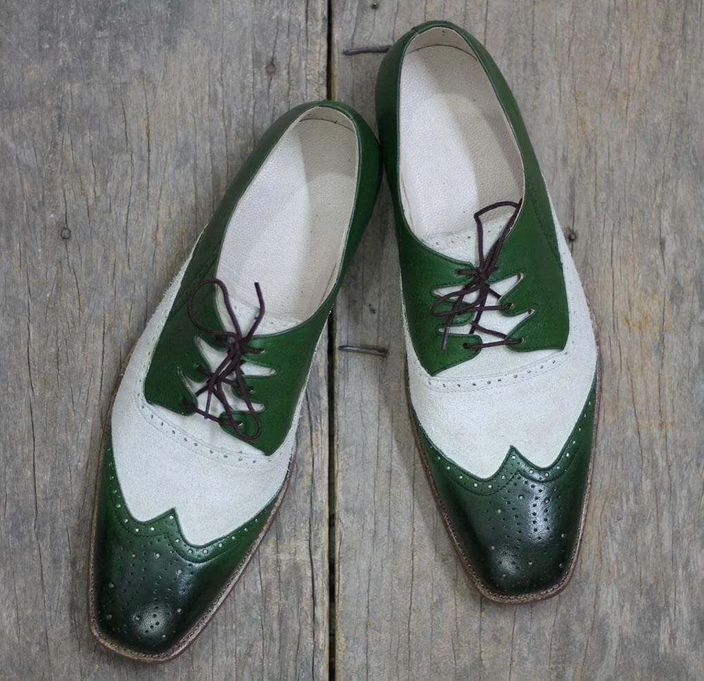 Handmade Green Wing tip Leather Shoe For Men's