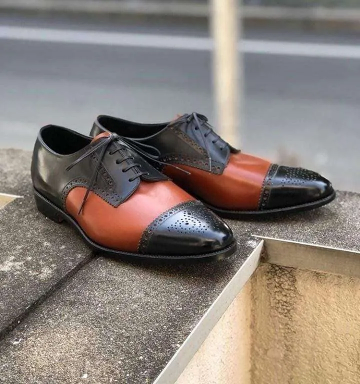 Handmade Men's Black Tan Leather Cap Toe Brogue  Lace Up Shoe