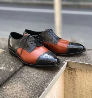 Handmade Men's Black Tan Leather Cap Toe Brogue  Lace Up Shoe
