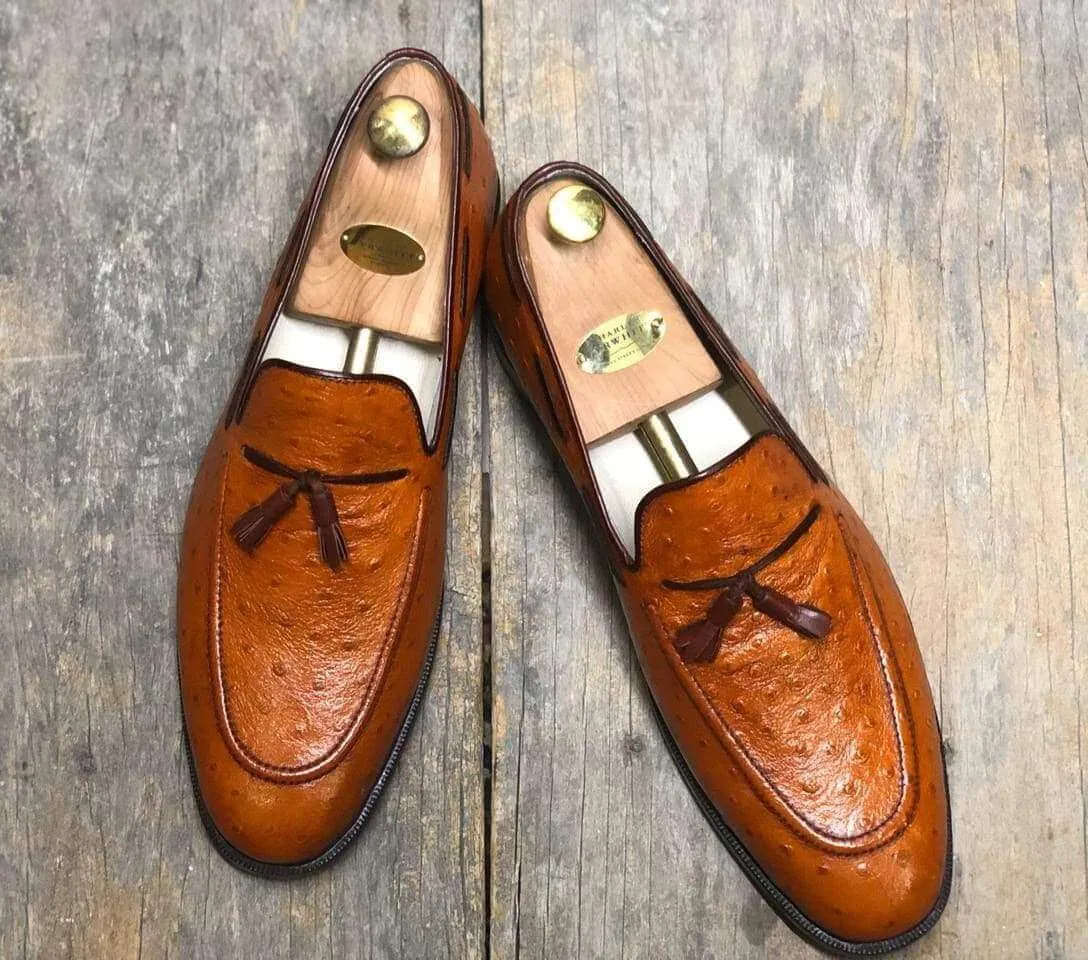Handmade Ostrich Tan Tussles Leather Loafers For Men's