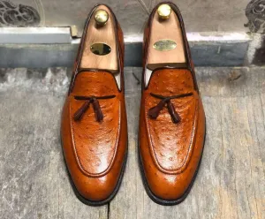 Handmade Ostrich Tan Tussles Leather Loafers For Men's