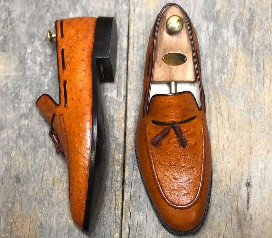 Handmade Ostrich Tan Tussles Leather Loafers For Men's