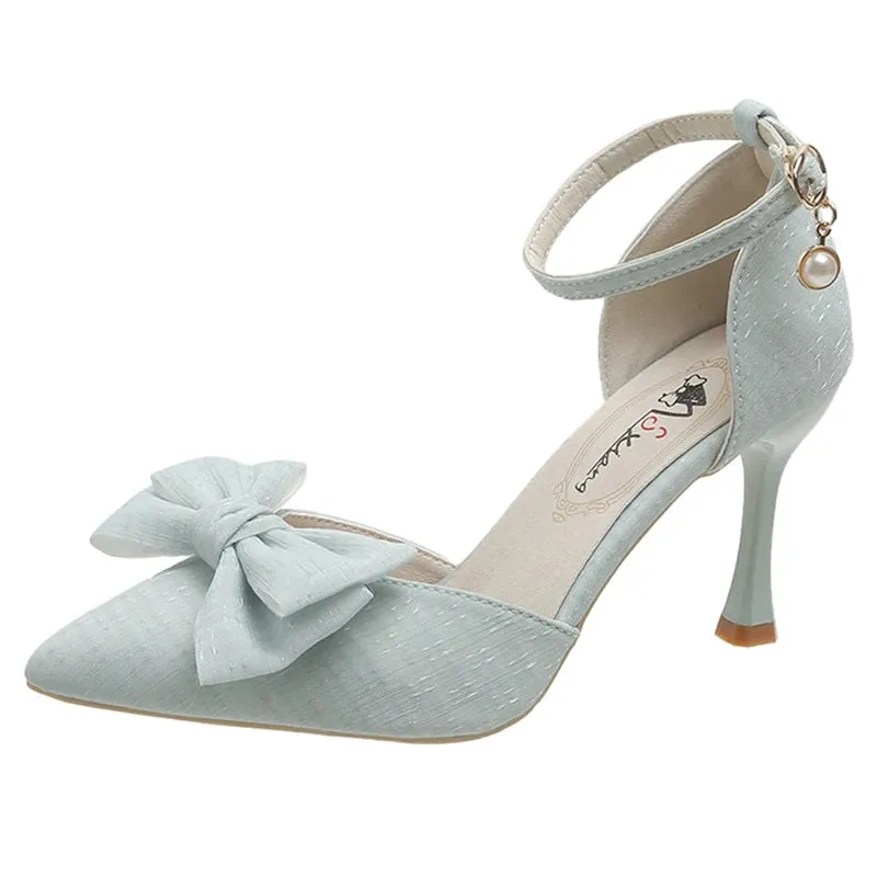 Hnzxzm Fashion Bowknot Ankle Strap Pumps Women New Silk Super High Heels Shoes Woman Sexy Thin Heeled Party Shoes Ladies