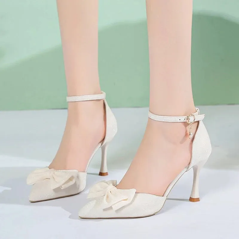 Hnzxzm Fashion Bowknot Ankle Strap Pumps Women New Silk Super High Heels Shoes Woman Sexy Thin Heeled Party Shoes Ladies