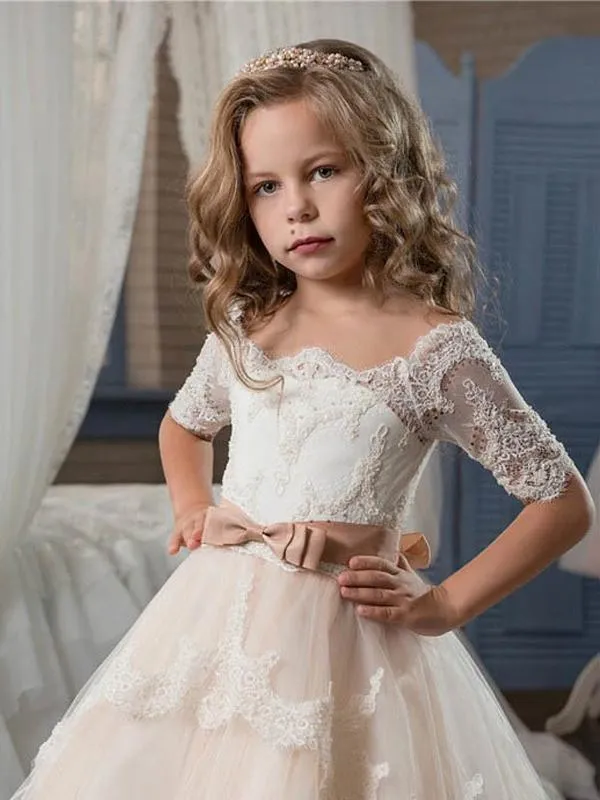 Lovely Half Sleeves Lace Tulle Long Flower Girl Dresses,GTE2117