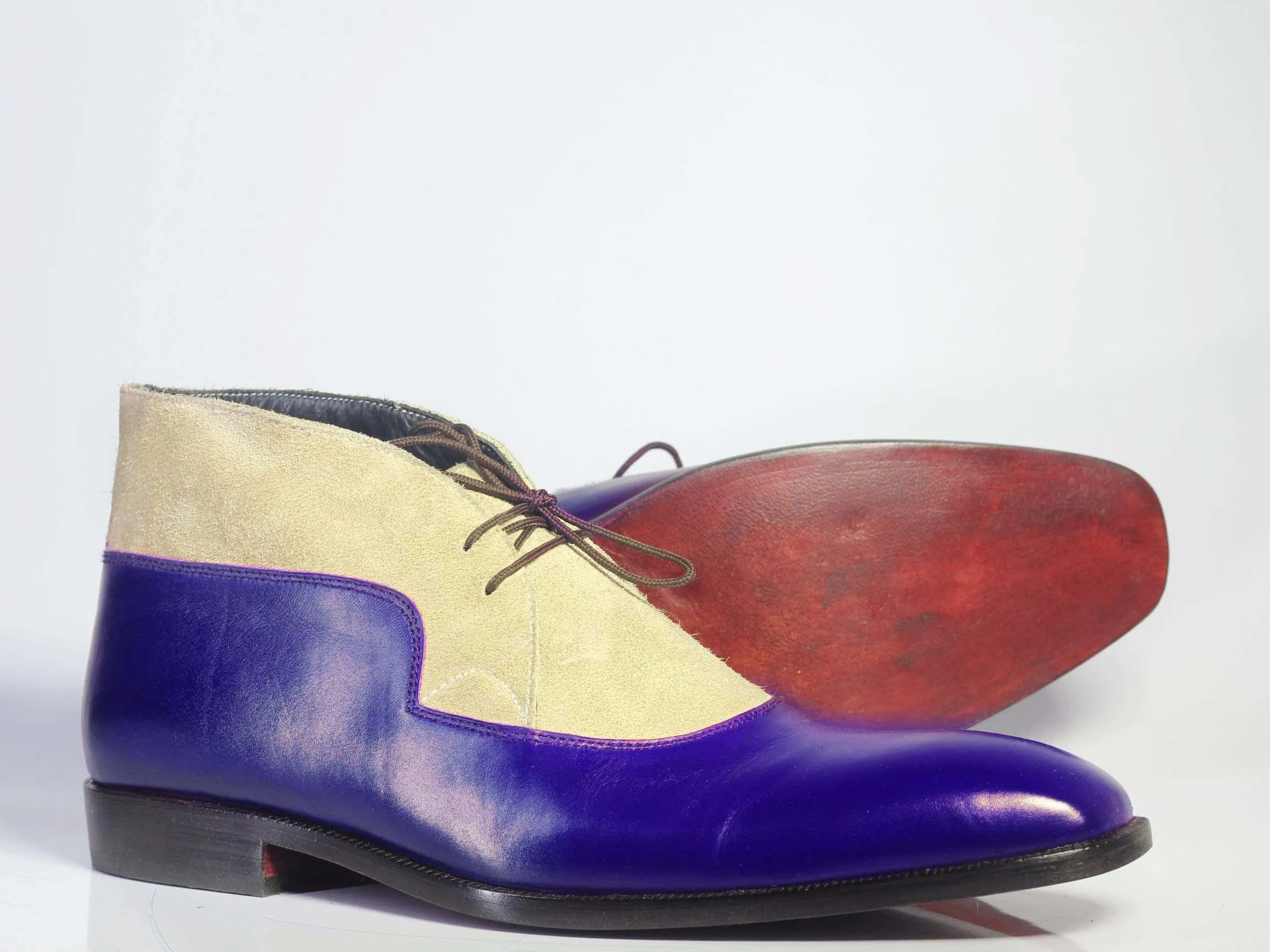 Men's Blue & Beige Lace Up Leather Suede Shoes