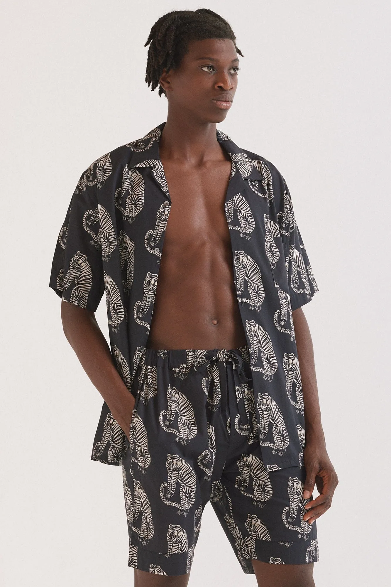 Men’s Cuban Pyjama Set Tiger Print Black/Cream
