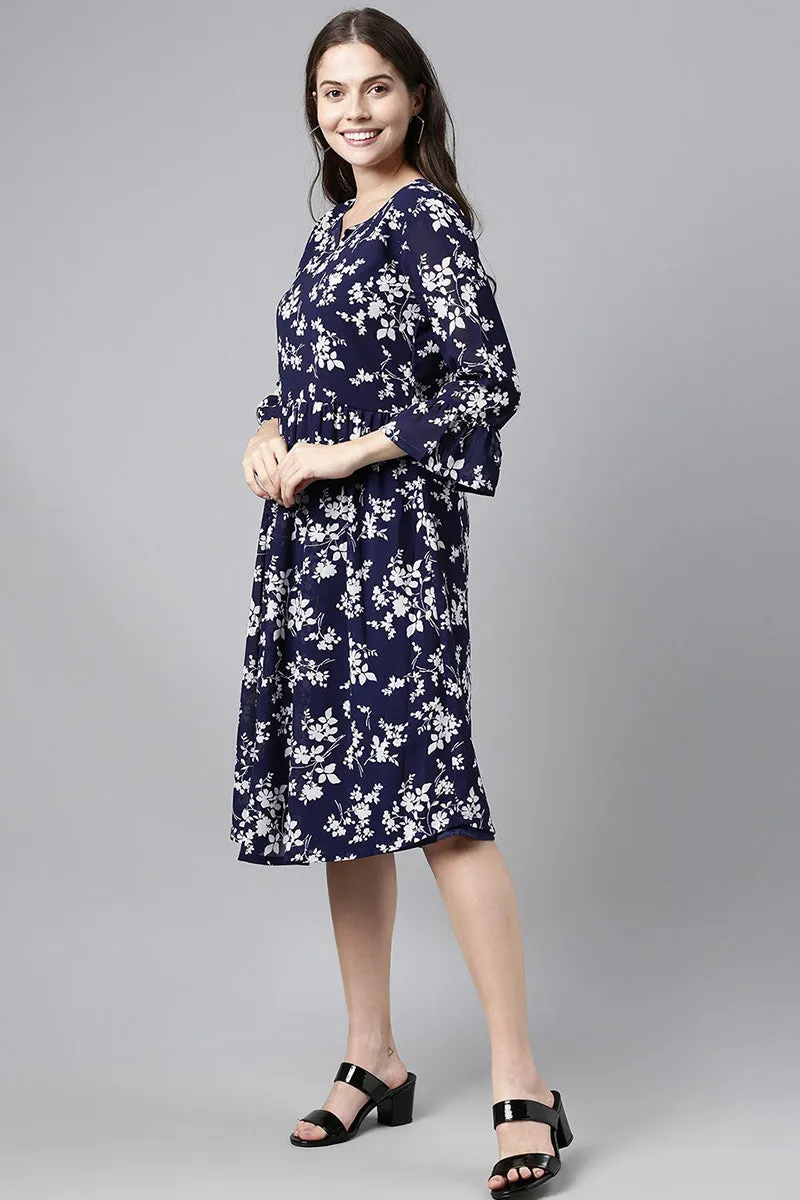 Navy Blue Chiffon Floral Print Midi Dress