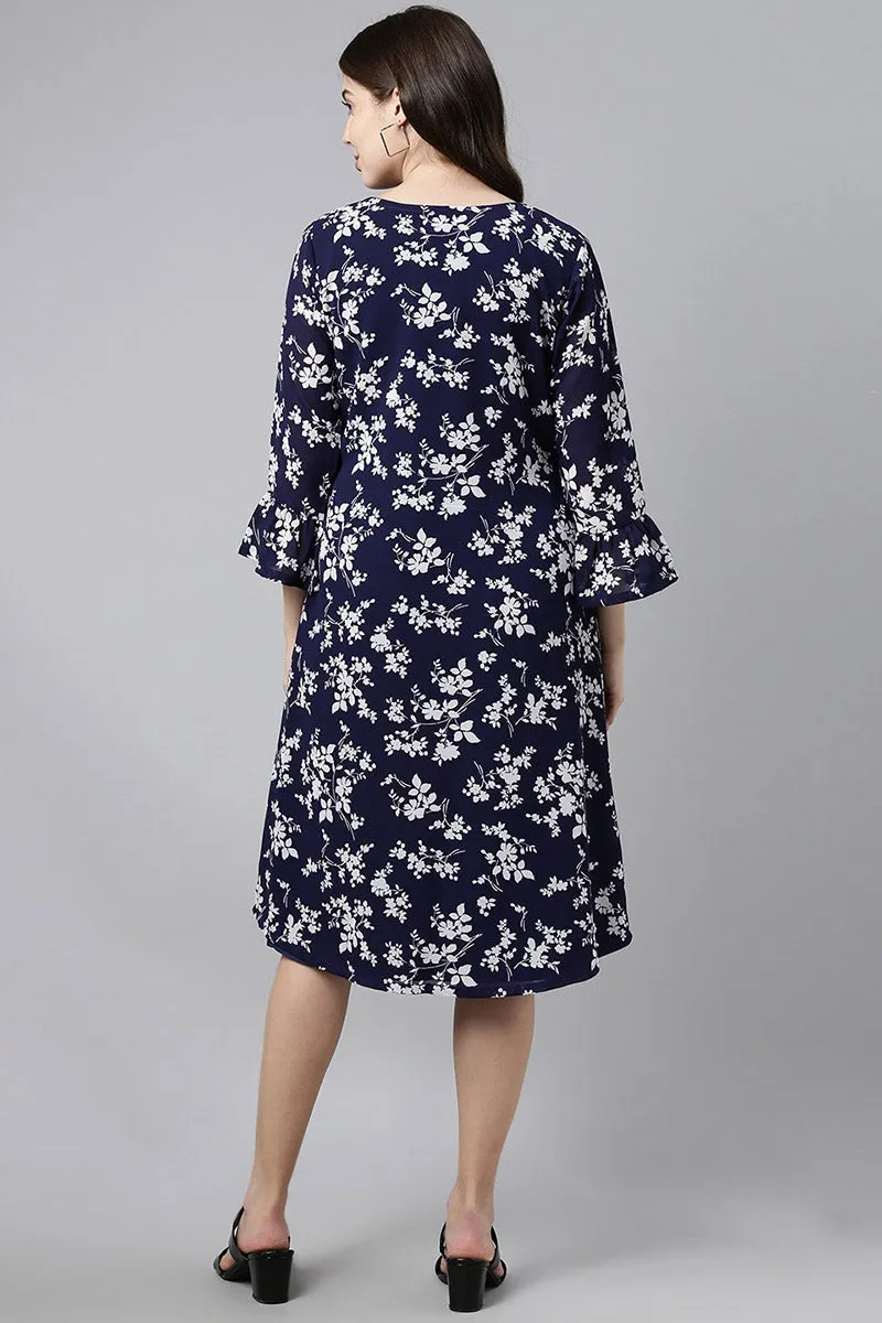Navy Blue Chiffon Floral Print Midi Dress