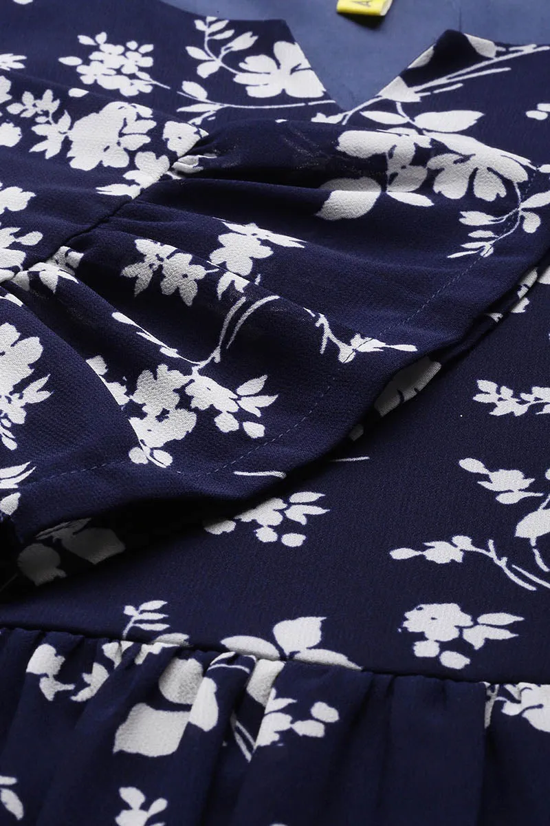 Navy Blue Chiffon Floral Print Midi Dress