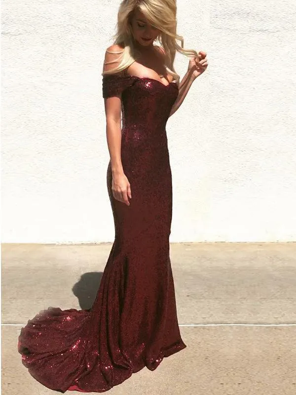 Off the Shoulder Burgundy Sequin Mermaid Long Prom Dresses DPB133