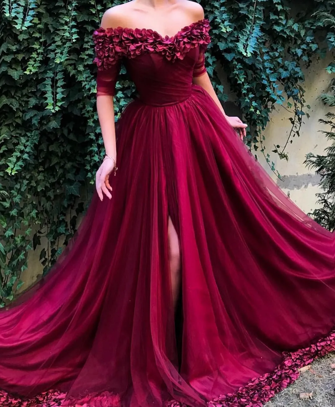 Off the shoulder Half Sleeves A Line Tulle Long Prom Dresses DPB3108