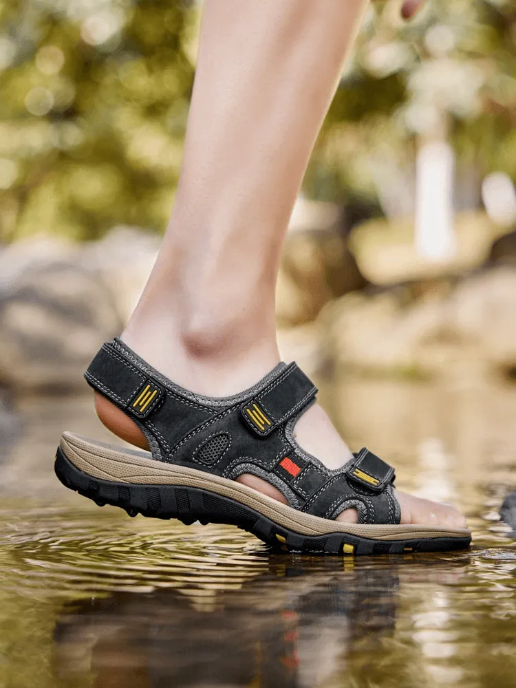 Open Toe Tactical Leather Men's Sandals with Adjustable Velcro - SF1101