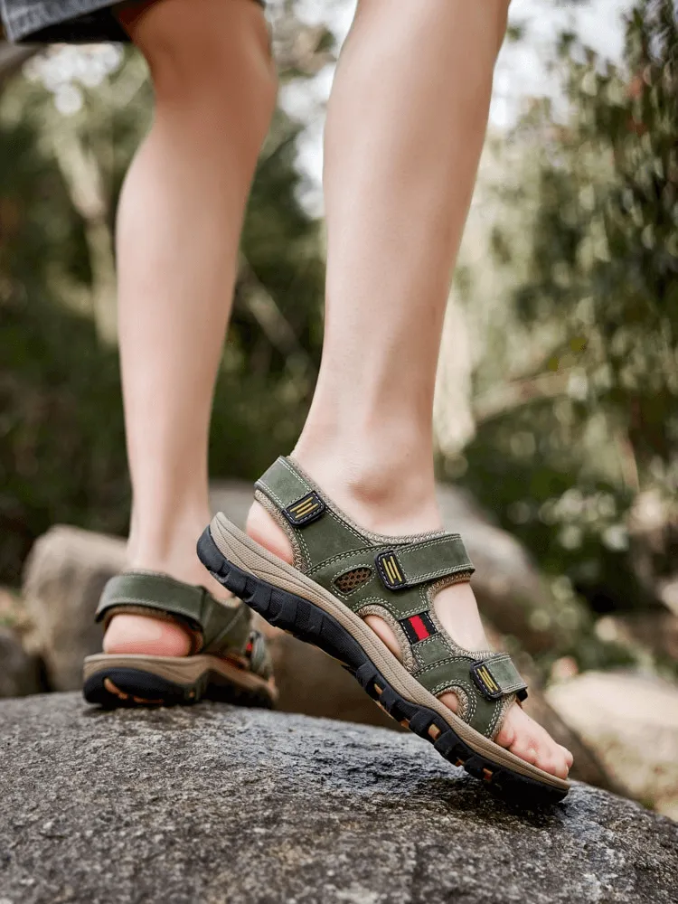 Open Toe Tactical Leather Men's Sandals with Adjustable Velcro - SF1101