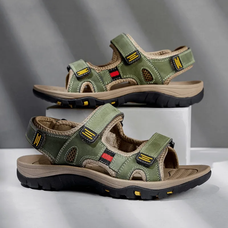 Open Toe Tactical Leather Men's Sandals with Adjustable Velcro - SF1101