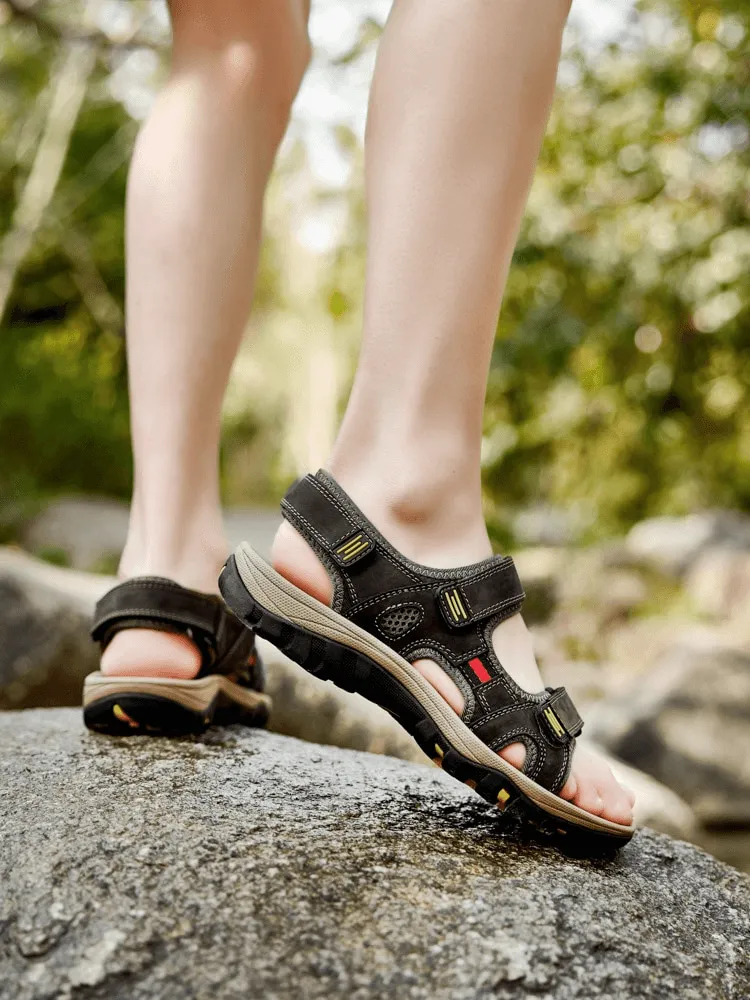 Open Toe Tactical Leather Men's Sandals with Adjustable Velcro - SF1101