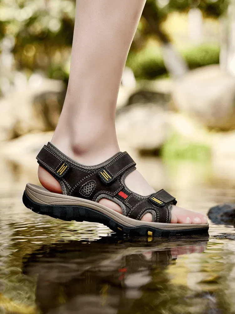 Open Toe Tactical Leather Men's Sandals with Adjustable Velcro - SF1101