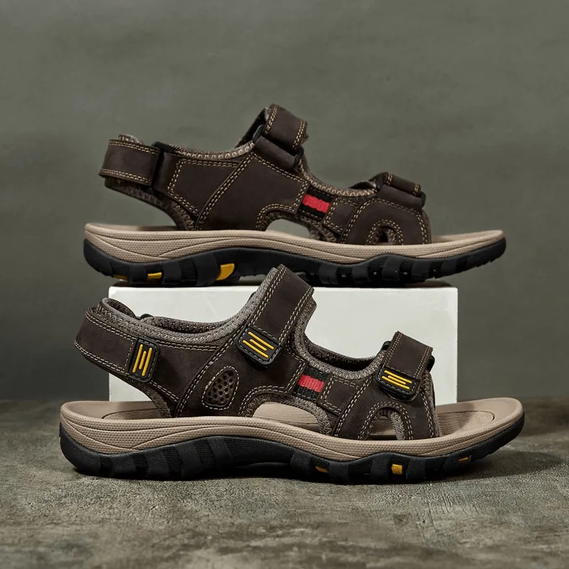 Open Toe Tactical Leather Men's Sandals with Adjustable Velcro - SF1101