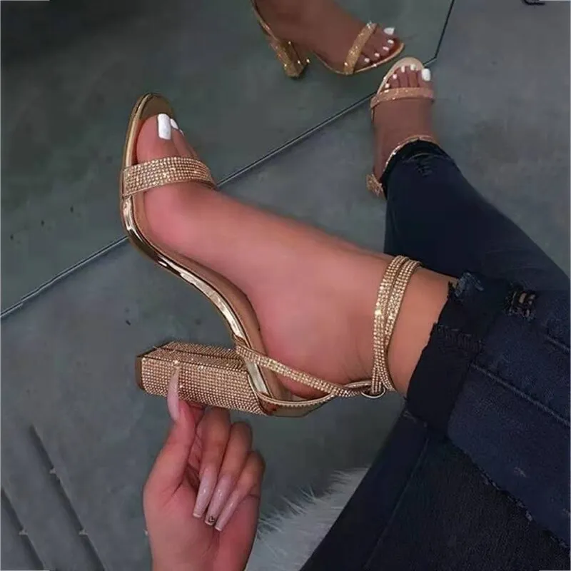 Toleet Graduation Sexy Rhinestone Thick Heel High Heel Sandals Women 2023 Summer New Bling Rhinestone Word Belt Formal Dress Banquet Women Sandals