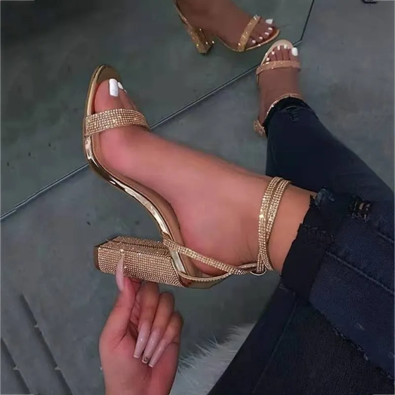 Toleet Graduation Sexy Rhinestone Thick Heel High Heel Sandals Women 2023 Summer New Bling Rhinestone Word Belt Formal Dress Banquet Women Sandals
