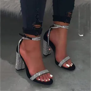 Toleet Graduation Sexy Rhinestone Thick Heel High Heel Sandals Women 2023 Summer New Bling Rhinestone Word Belt Formal Dress Banquet Women Sandals