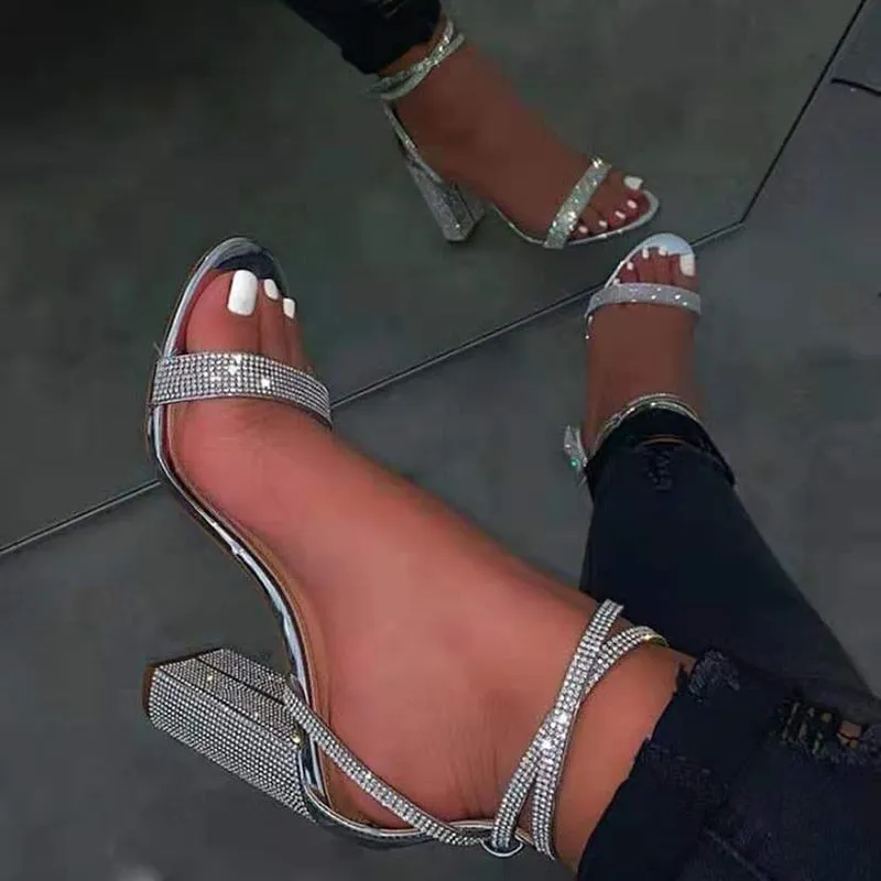 Toleet Graduation Sexy Rhinestone Thick Heel High Heel Sandals Women 2023 Summer New Bling Rhinestone Word Belt Formal Dress Banquet Women Sandals