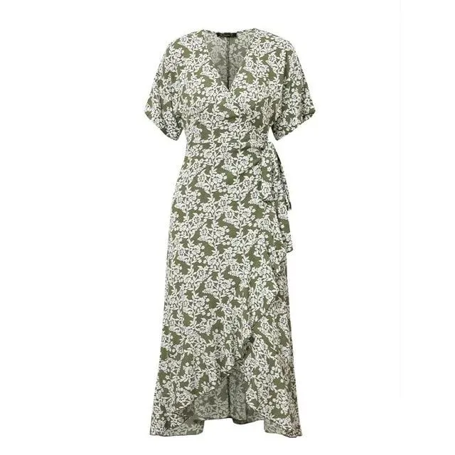 V-Neck Printed Boho Chic Summer Ruffled Short Sleeve Dress