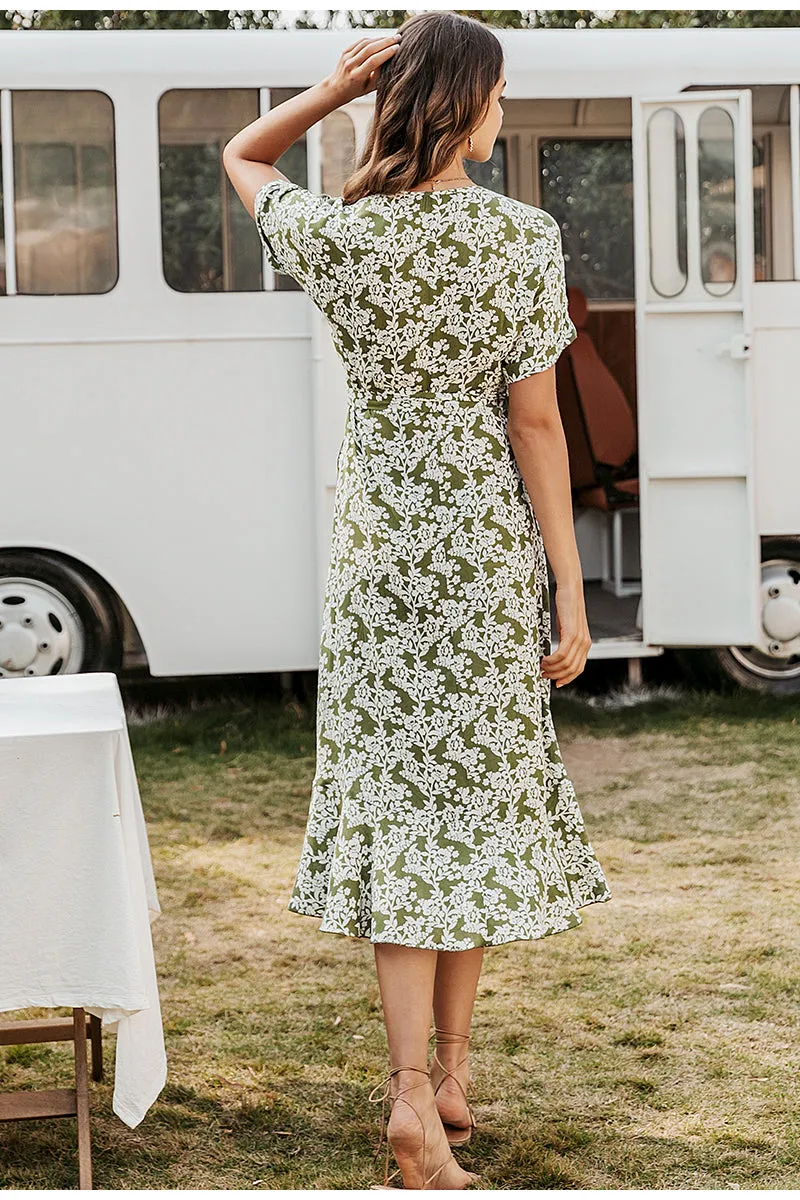 V-Neck Printed Boho Chic Summer Ruffled Short Sleeve Dress