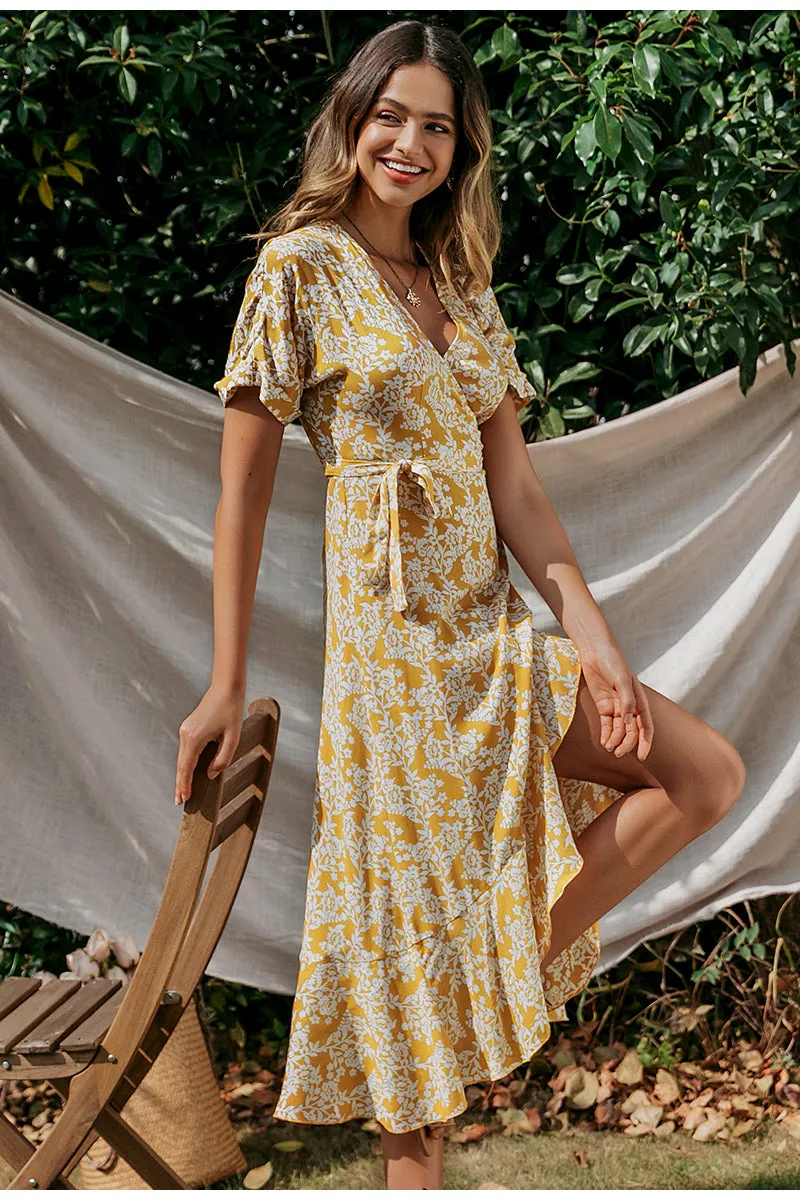 V-Neck Printed Boho Chic Summer Ruffled Short Sleeve Dress